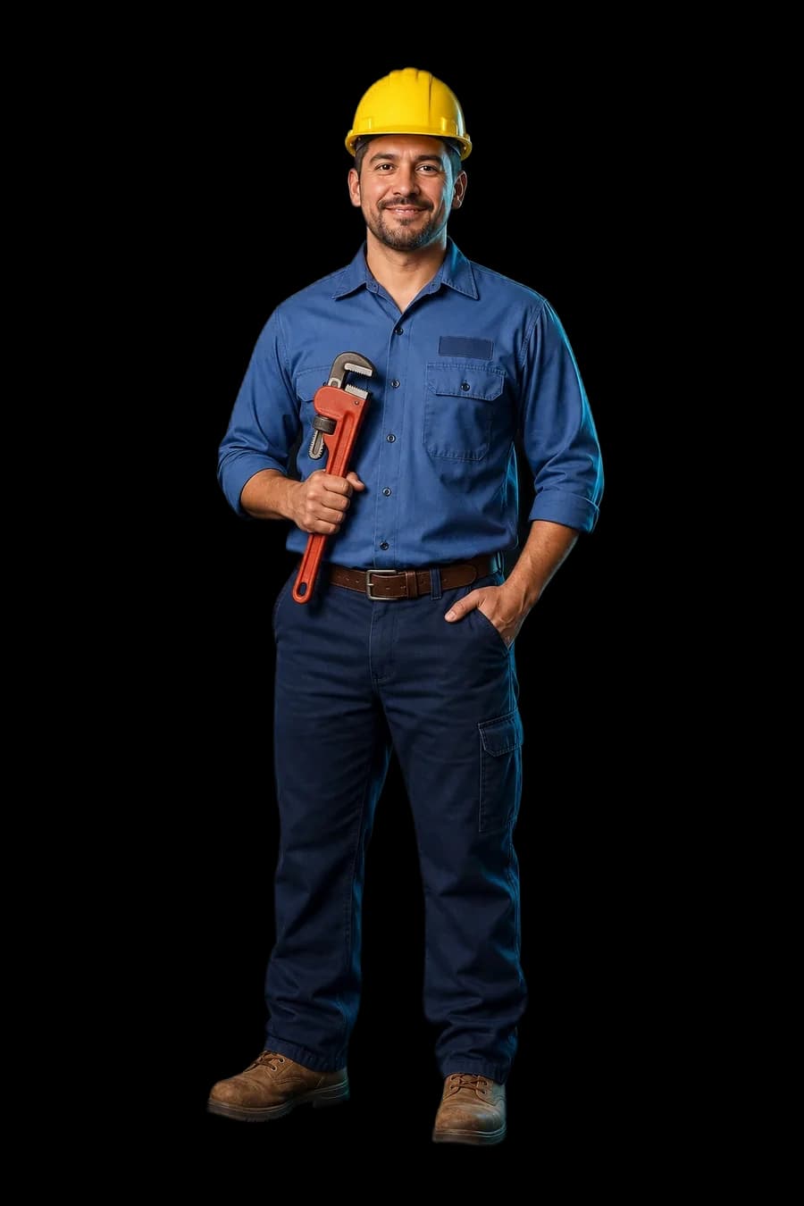 Verified RealPro plumber in blue work shirt holding a pipe wrench