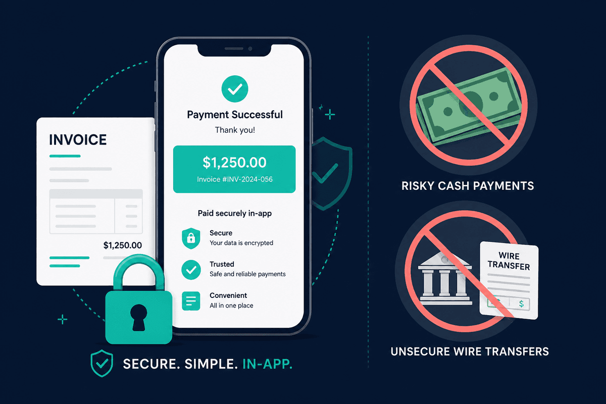Secure in-app payment with padlock and digital invoice contrasted with cash and wire transfer icons