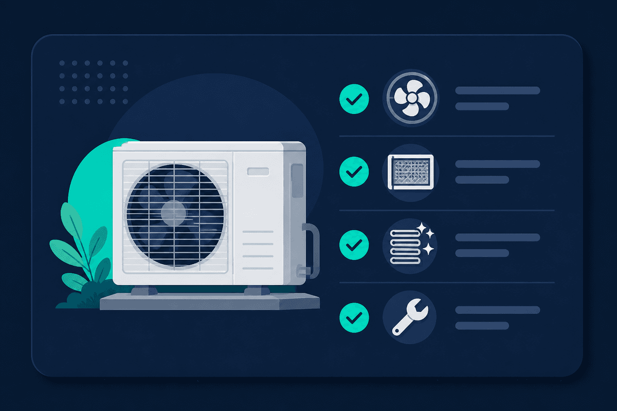 HVAC service checklist with air conditioner unit, filter icon, and teal verification checkmarks