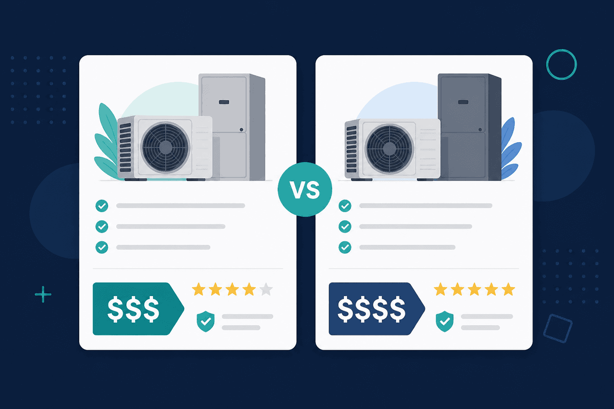 Side-by-side HVAC quote comparison cards with price tags, star ratings, and teal verified badges