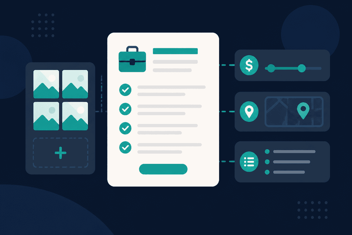 Job post checklist illustration with photos, budget range, location pin, and scope icons
