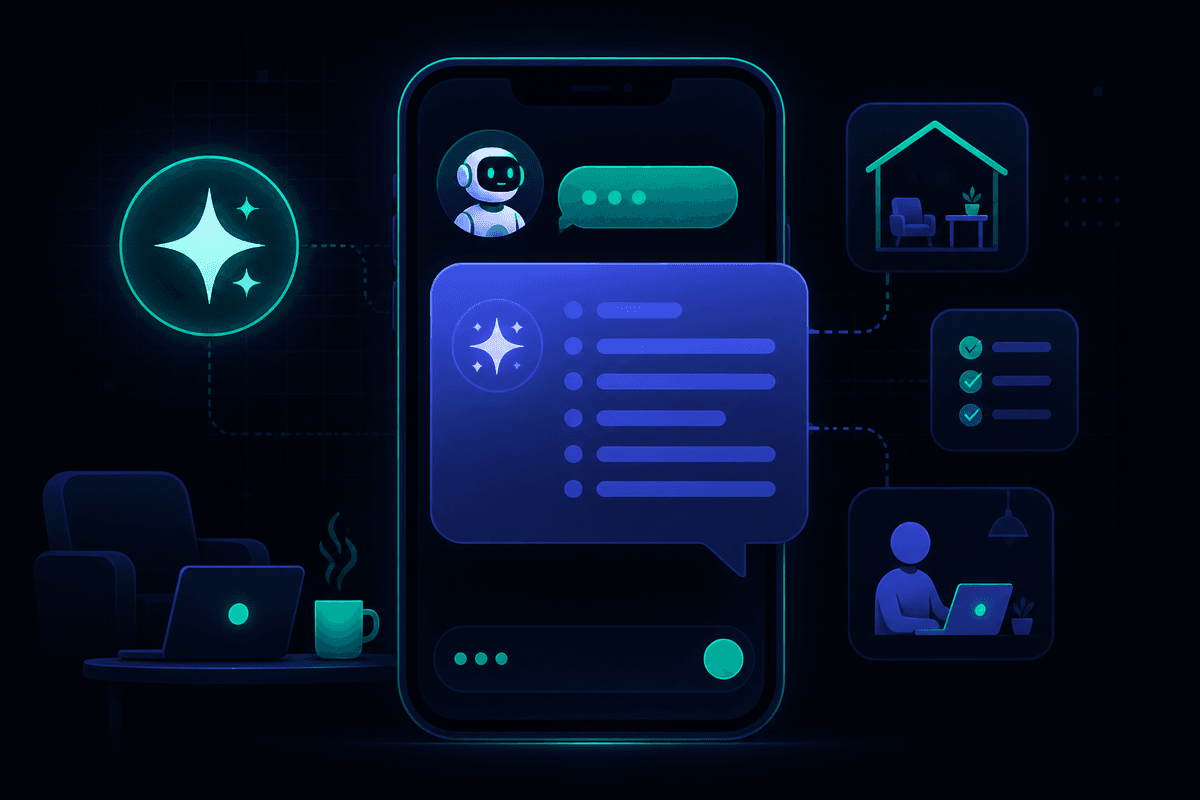 Illustration of a smartphone chat where an AI assistant drafts a home job description from a plain-language message