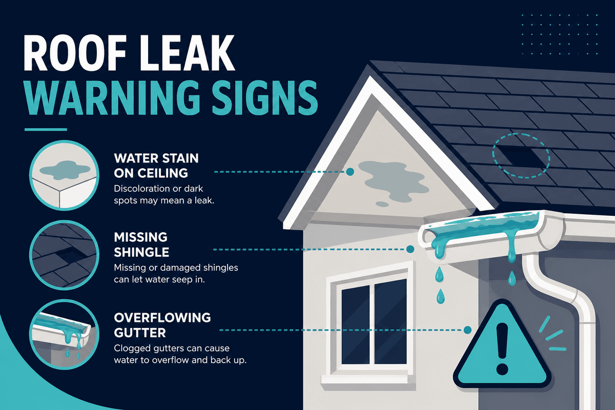 Roof leak warning signs illustration with ceiling water stain, missing shingle, overflowing gutter, and warning triangle
