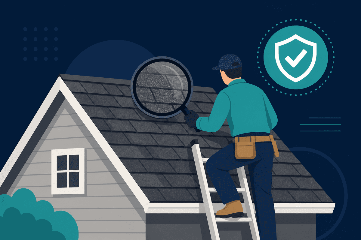 Roofer inspecting a house roof with ladder and magnifying glass over shingles beside a teal verified badge