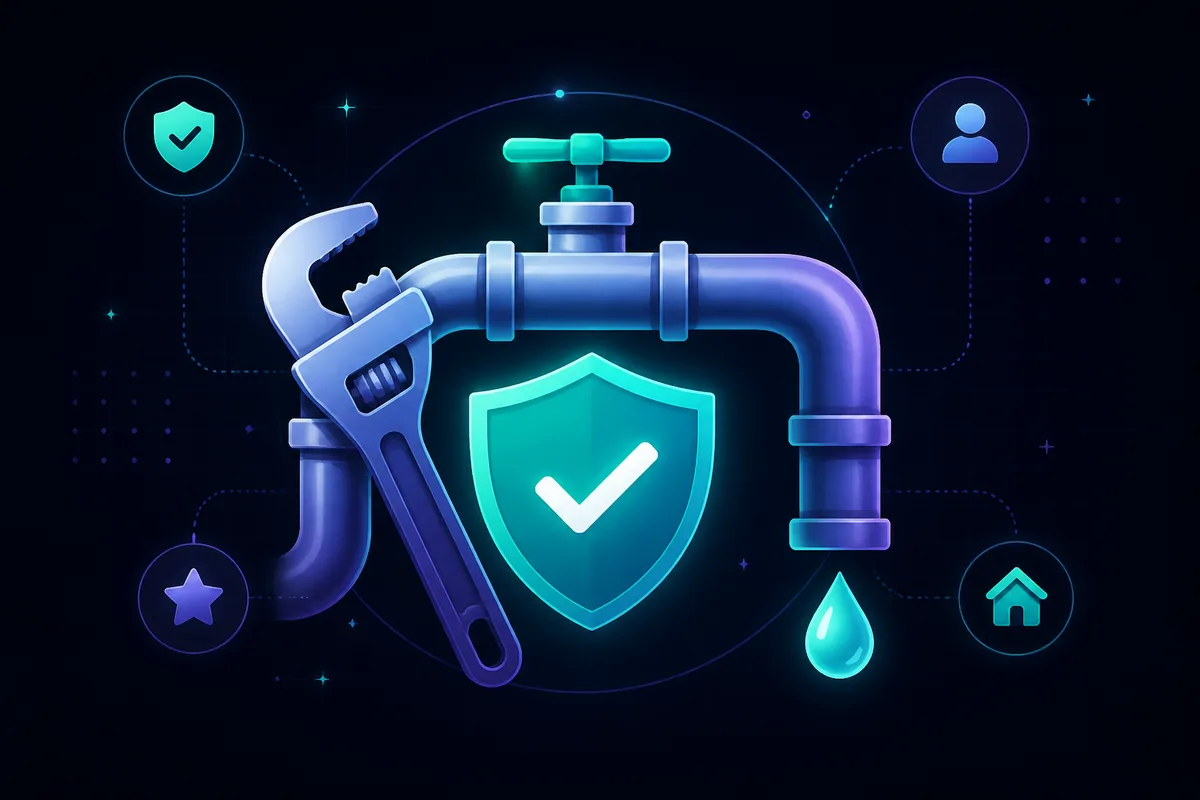Hire a plumber without getting scammed — verified shield, pipe wrench, and water pipe illustration for trusted plumbing pros