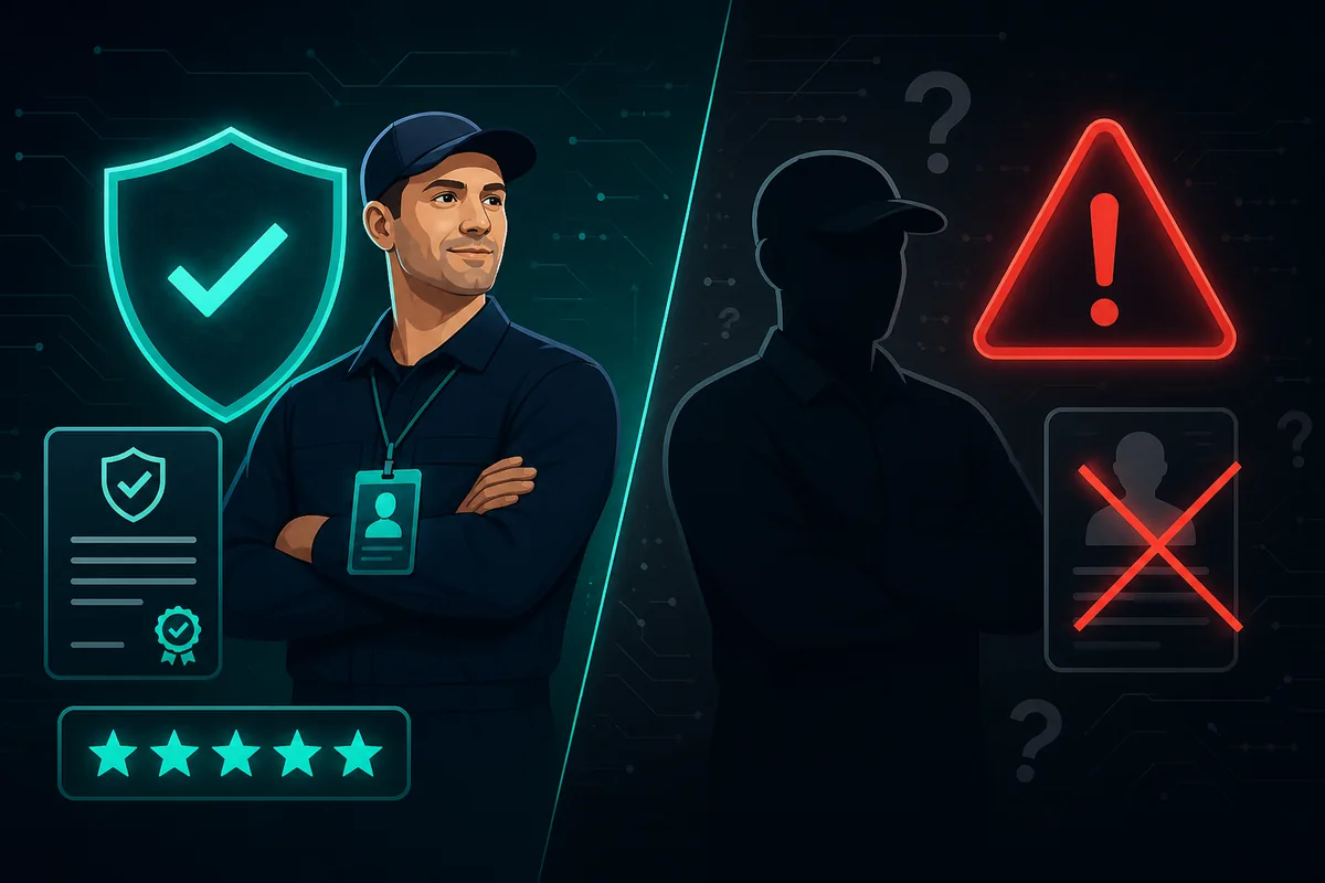 Vetted contractors vs unverified pros — trusted worker with ID badge and teal shield checkmark contrasted with anonymous silhouette and warning triangle