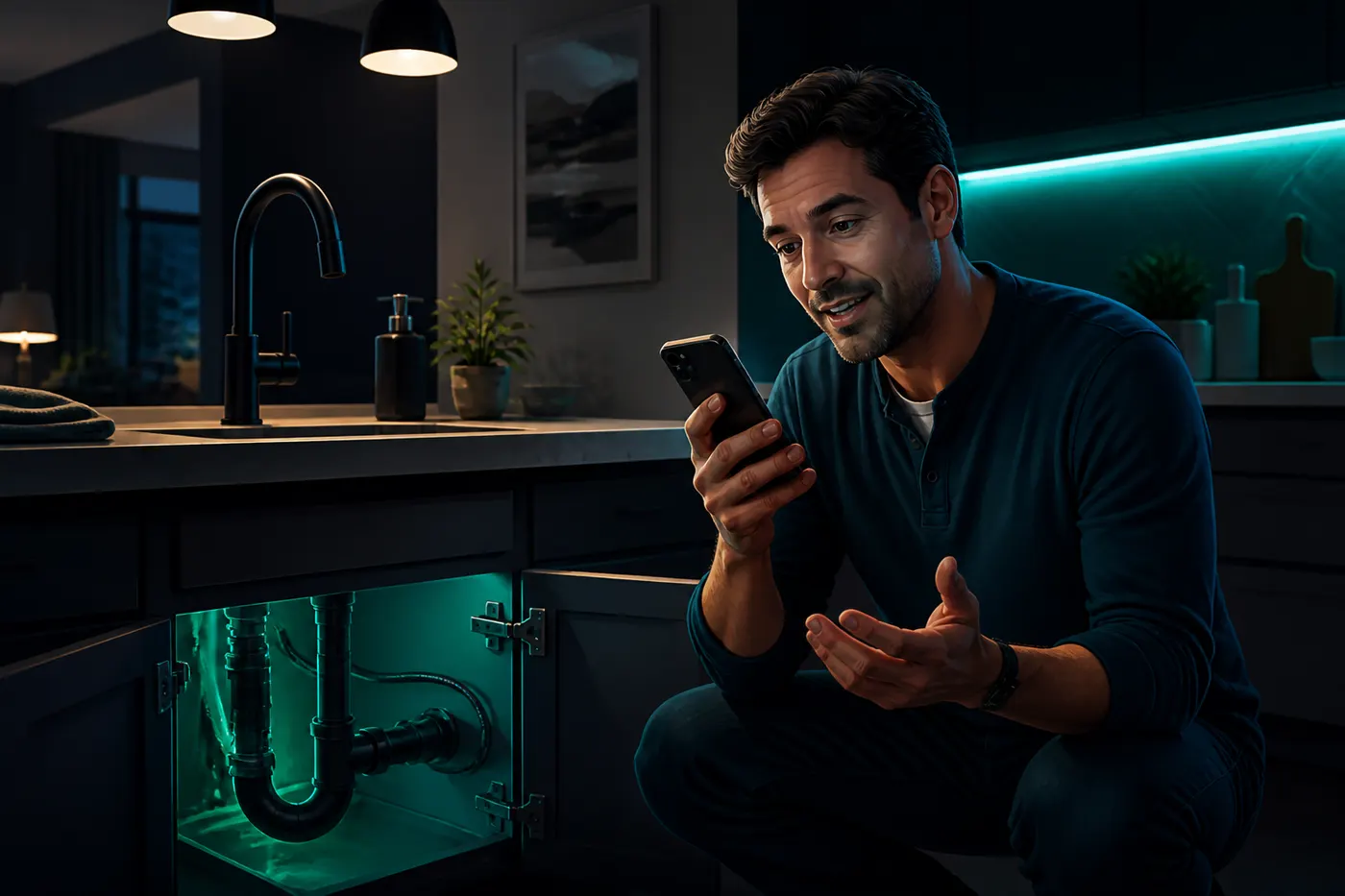 Homeowner in a modern kitchen using a phone to describe a home repair